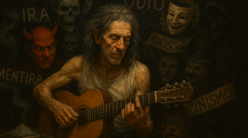 En esta imagen, Robe aparece como lo que siempre fue: un hombre solo frente a sus demonios, armándose únicamente con una guitarra. A su alrededor desfilan las sombras que marcaron su vida y la nuestra: ira, odio, contradicciones, drogas, máscaras, mentiras, cinismo. No lo derrotan; lo rodean. Tocó toda su vida precisamente contra esto, y esta escena lo resume mejor que cualquier biografía: un músico que convirtió la oscuridad en lenguaje y la herida en verdad. Aquí no hay mito. Hay humanidad cruda.